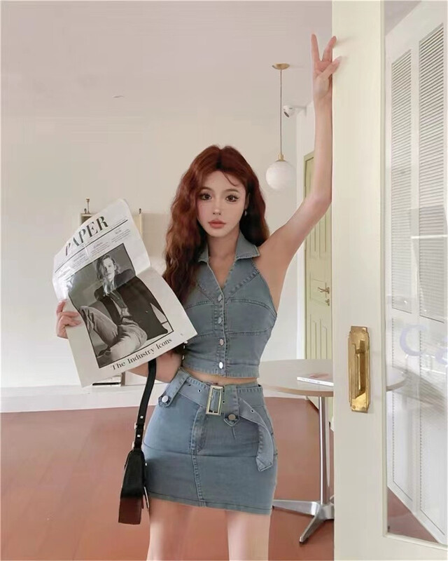 [mix] solid washed Vest + slim versatile skirt set 0256\wtt