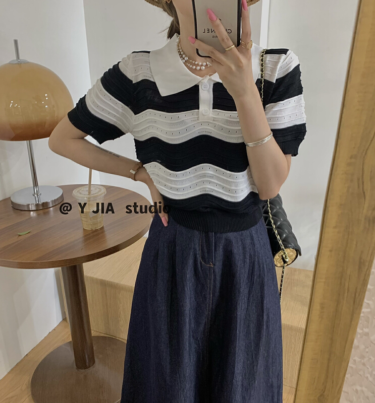 [y.jia EJA] Polo neck stripe hollow out shirt 227