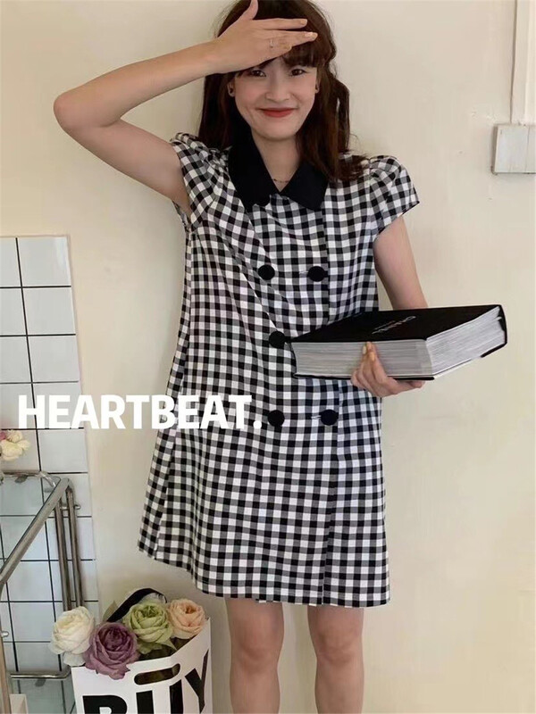 【HEARTBEAT】韓系雙排扣格紋連衣裙  536#  ZJY