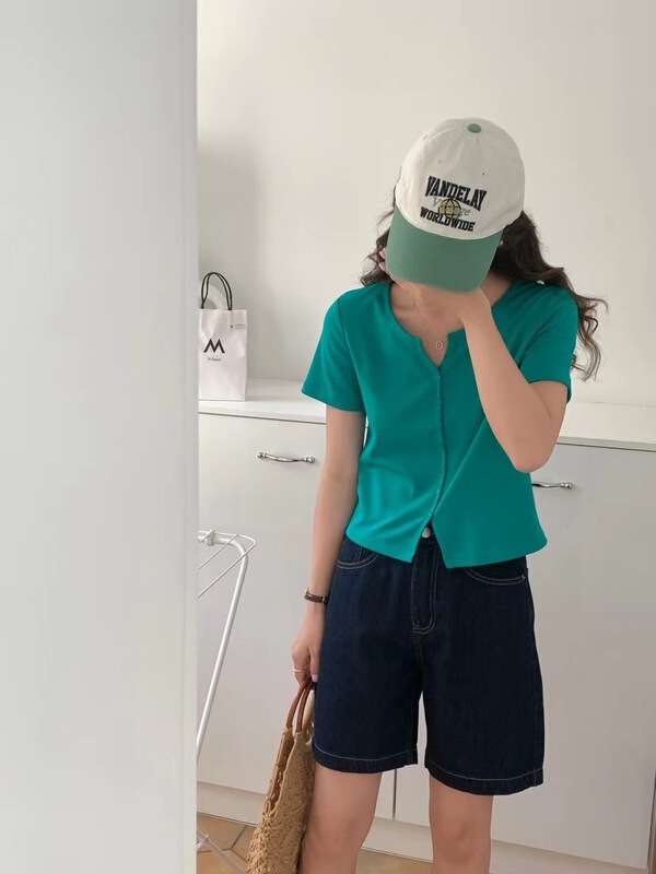 [feeding] simple solid color V-neck short knit cardigan 7851-h5\cls