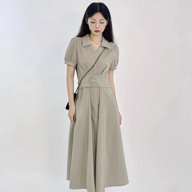 [Kiki studio] Korean version simple and slim short sleeve bandage dress 6078\hjy