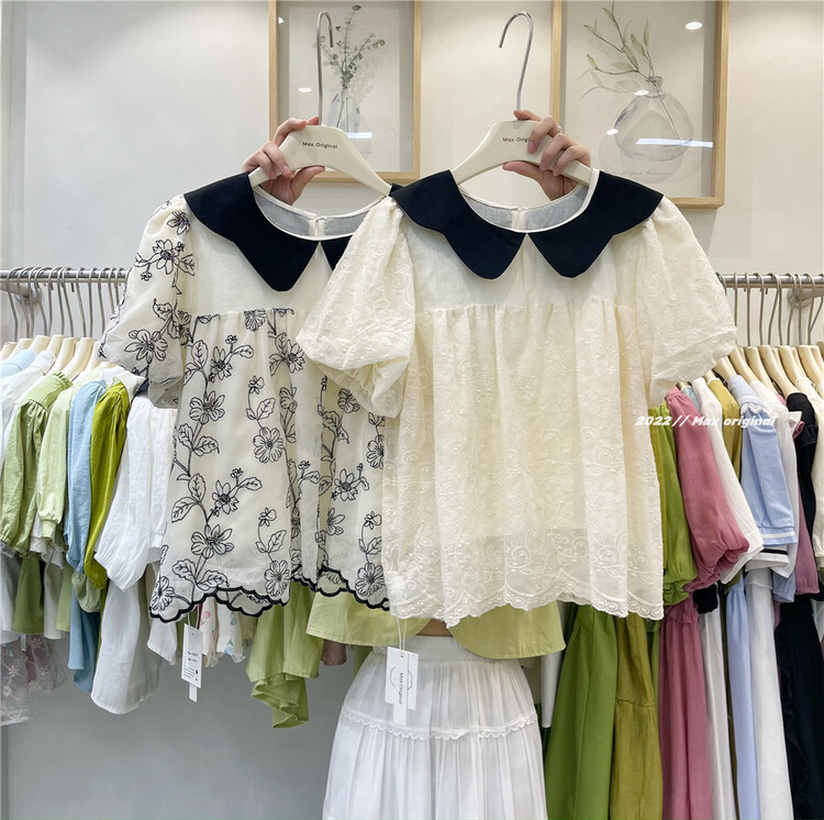 [Max original] retro style baby collar embroidered shirt 98352\hbx