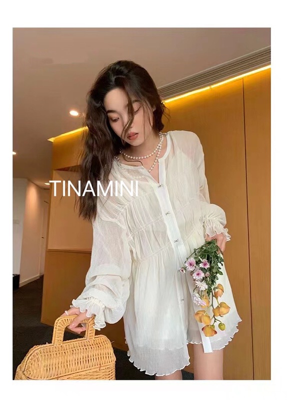 [tinamini] Korean version fairy sun protection long sleeve shirt + elastic waist casual Shorts Set 0191\hjy