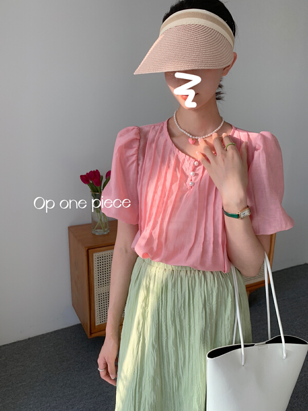 [OP one piece] Korean sweet solid color pleated shirt 60200\hjy