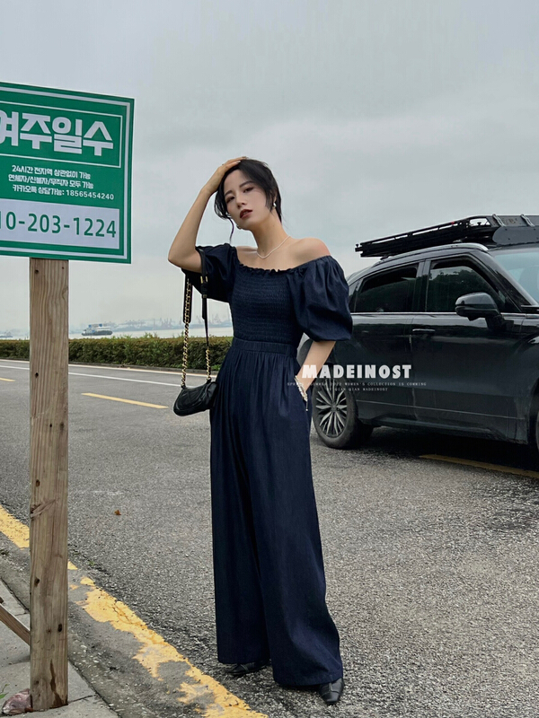 [OSHA madeinost] retro denim waist closing bubble sleeve Jumpsuit with two off shoulder 86375