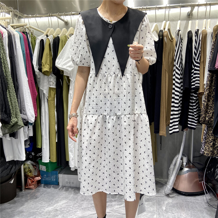 [akxk] French print short sleeve dress (detachable collar) 4727\l