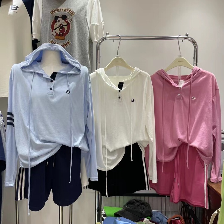 [yoyo style] casual simple hooded letter long sleeve + versatile basic color blocking Casual Short suit 8564\xyy