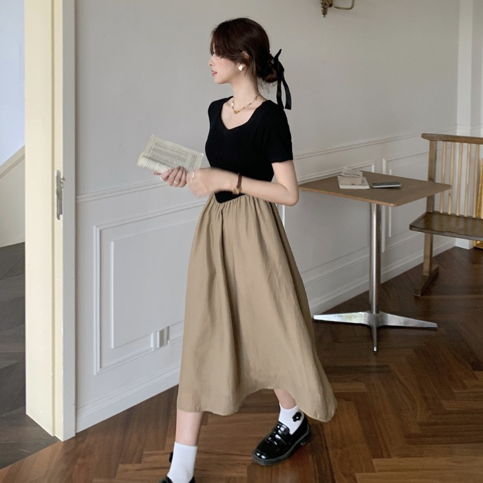[wgwe] French color contrast short sleeve waist tight dress 1820\pcz