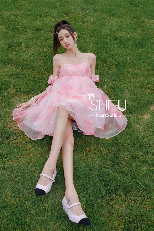 [she u] niche romantic gradient sling sleeved dress (with sleeves (removable)) c58275