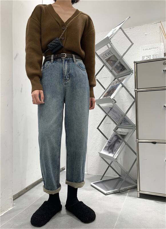 Early winter brings new life! [t-platform] Korean loose Plush jeans (with belt) 1173\zxx