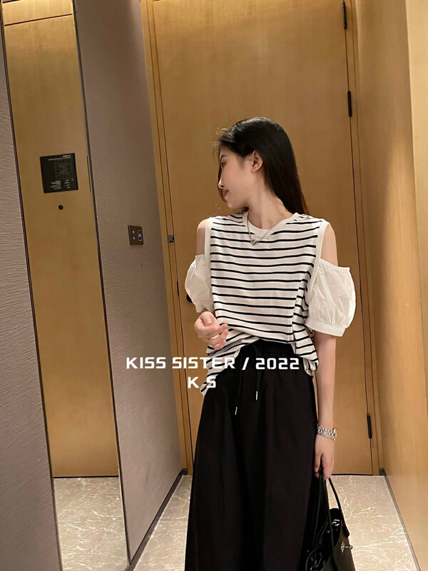 【 kiss sister 】 multi panel off shoulder bubble sleeve top short sleeve T-shirt 9181