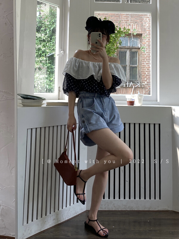 [event with you] French royal sister style Ruffle edge sexy off shoulder blouse t0716-j\lsw