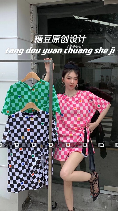 [original by tangdou] slit design checkered smiling face versatile short sleeve T-shirt 9803\wtt