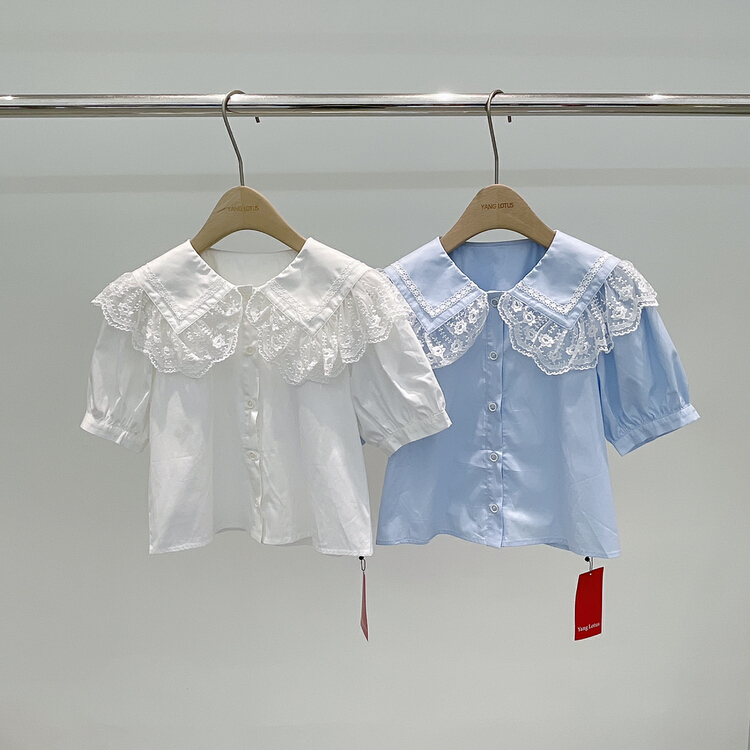 [Yang lotus] embroidered lace collar short sleeve shirt s12210263\ozq