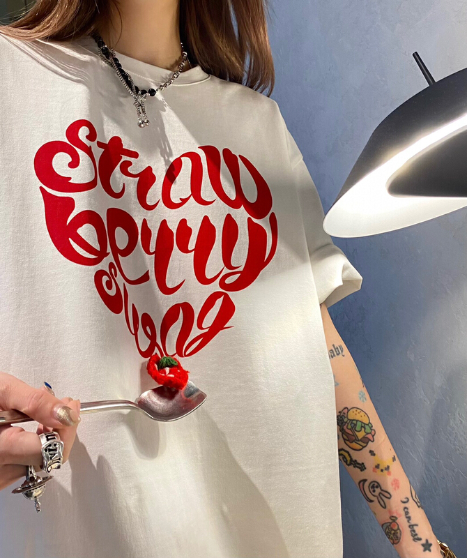 [YT] strawberry embroidered lettered short sleeve T-shirt t51366\pcz
