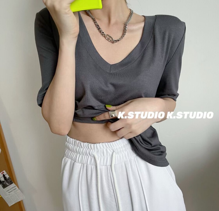 [Kim studio] solid color versatile Pullover short sleeve T-shirt 3258\pcz