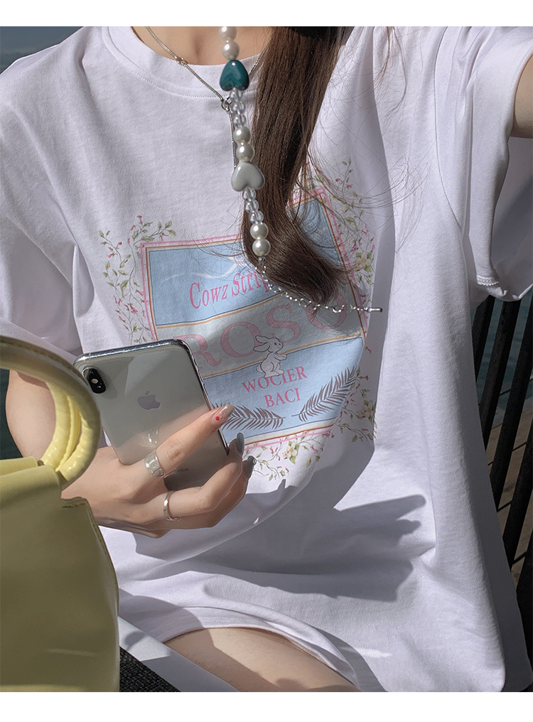 Cotton cartoon printed short sleeve T-shirt women's summer loose and gentle bottom shirt round neck student top fashion