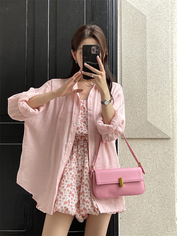 [JH] new net red solid color sunscreen shirt + floral Jumpsuit (suit only) 41910\pcz