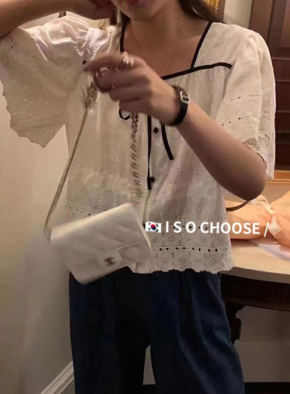 [ISO Korean] Korean version first love lace up embroidered Square Collar color matching shirt 66219\hjy