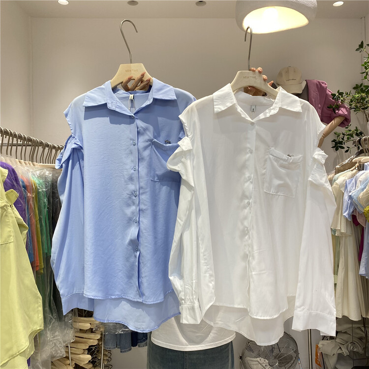 [new time /l&y home] loose and simple single breasted off shoulder shirt 1219\xyy
