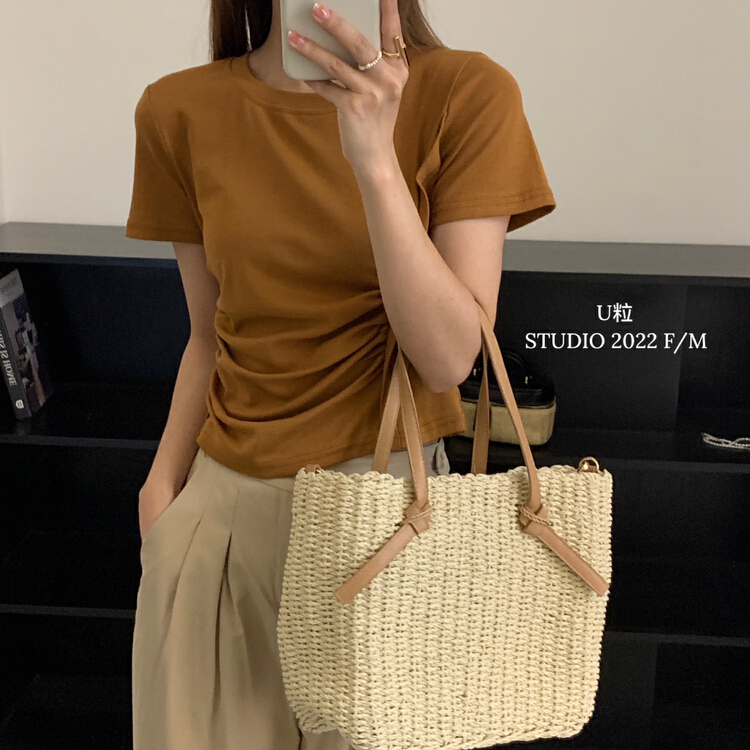 [U grain] simple solid color pleated thin short sleeve T-shirt 6139\hbx