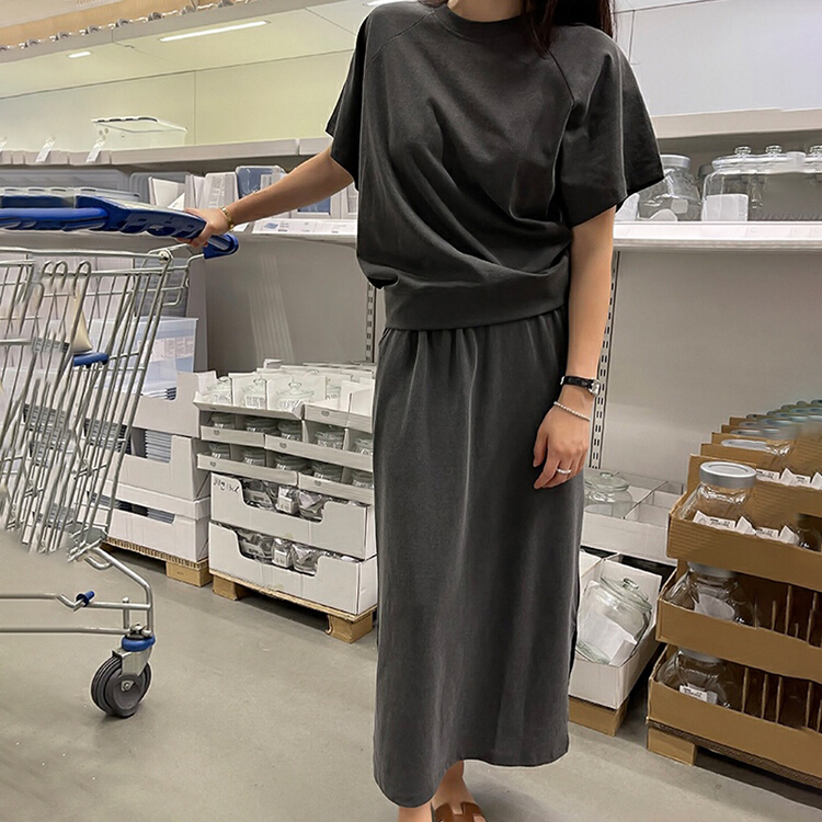 [baerman] simple casual loose short sleeve T-shirt + elastic waist skirt set 9759\hbx