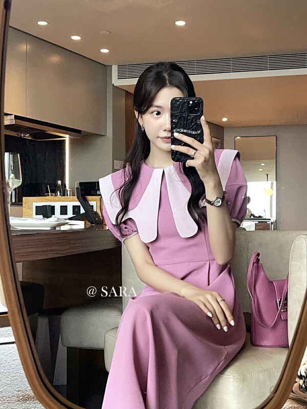 [Sara] fashion contrast large lapel waist strap dress 90033\lwy