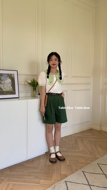 [table blue] retro fashion contrast Embroidery Shirt 2163\lsw