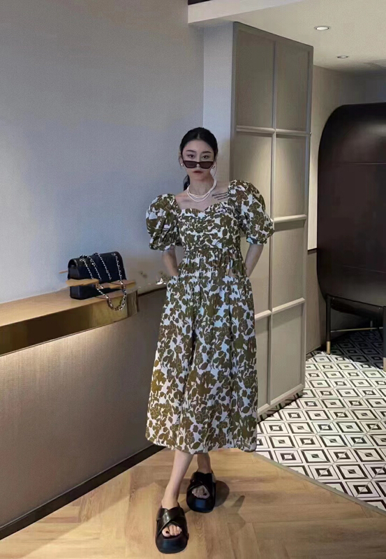 [mi ni] bubble sleeve floral fashion dress 1251\pcz