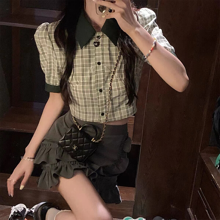 [are studio] design sense Lapel plaid shirt + ear side skirt suit 81379\zxx