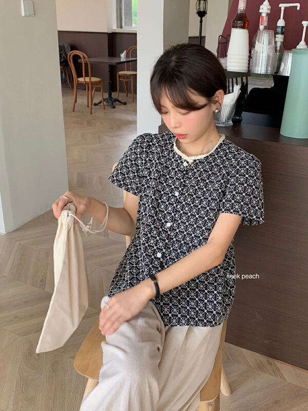 [seek peach] single breasted round neck color contrast shirt 5293\ll
