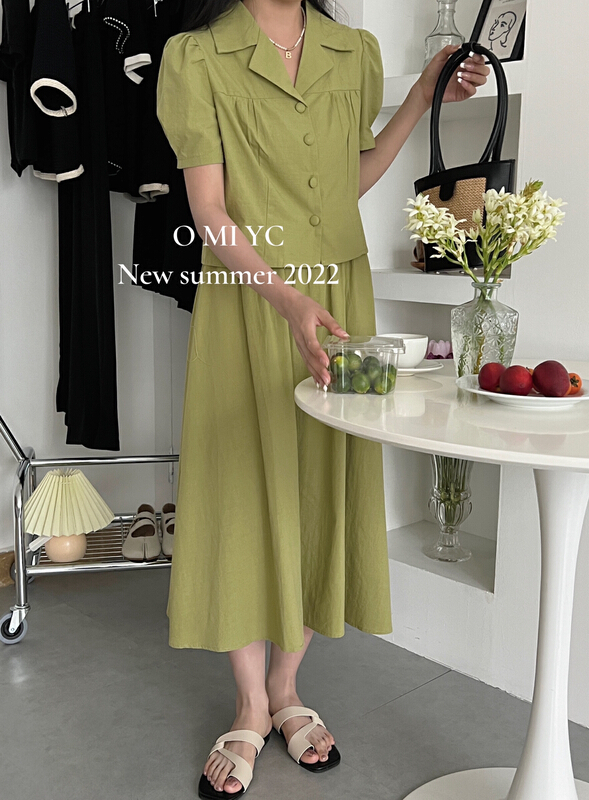 [O MI] Korean retro suit bubble sleeve shirt with large skirt ys-3605
