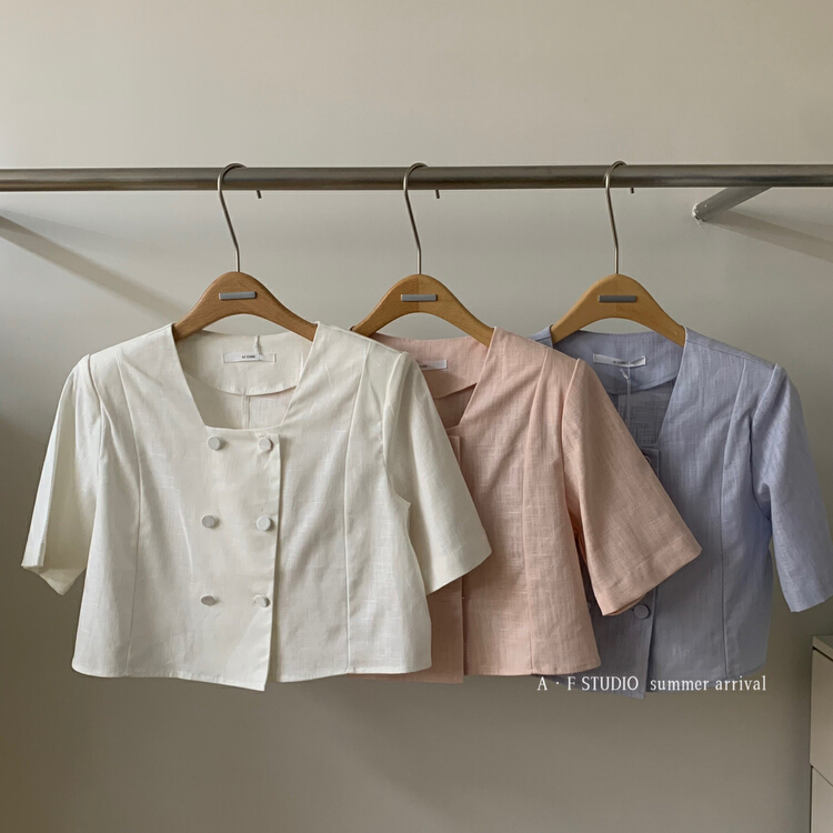 [AF] short sleeve double breasted cotton linen shirt 90138\xyy