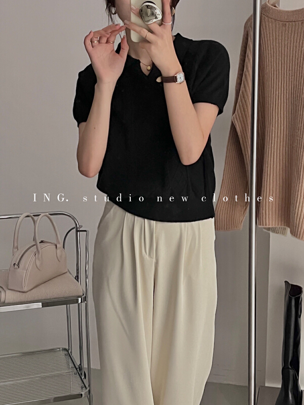 Original price 43.99! [ing] versatile Ling check linen Polo short sleeve T-shirt ing-w3345\zsy