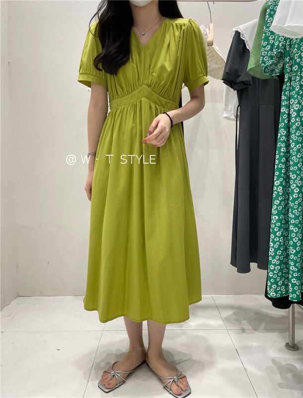 [wt] fresh and simple V-neck waist dress 6115\hbx