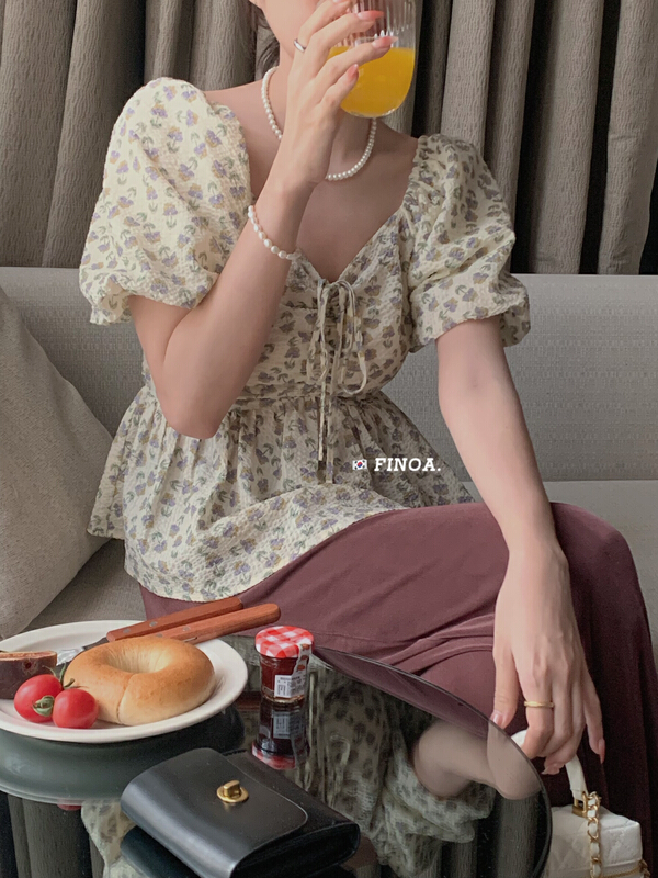 [finoa] Korean style gentle pleated floral shirt olive1188