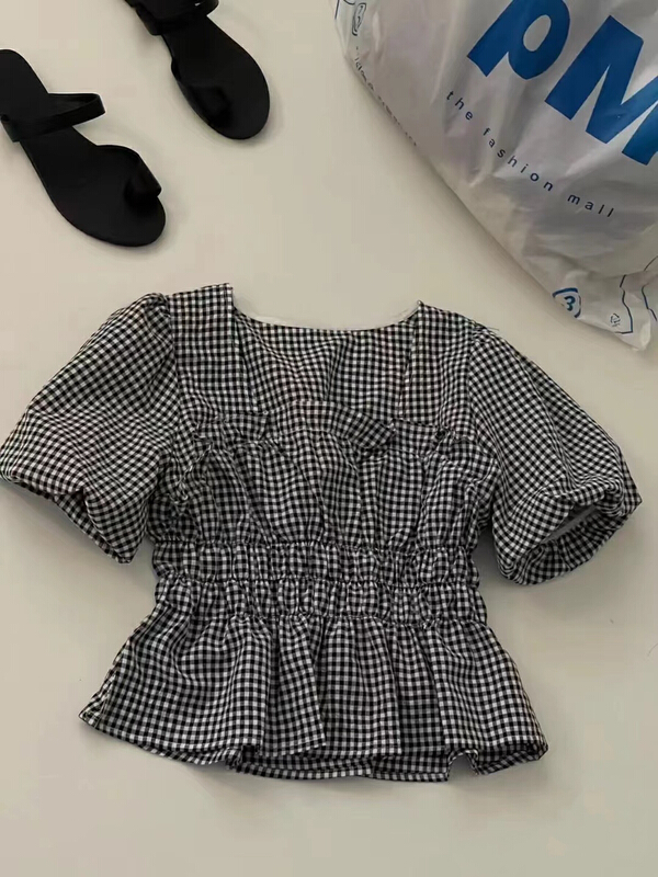 [MK] square neck Plaid waistband temperament shirt 3306\hjy