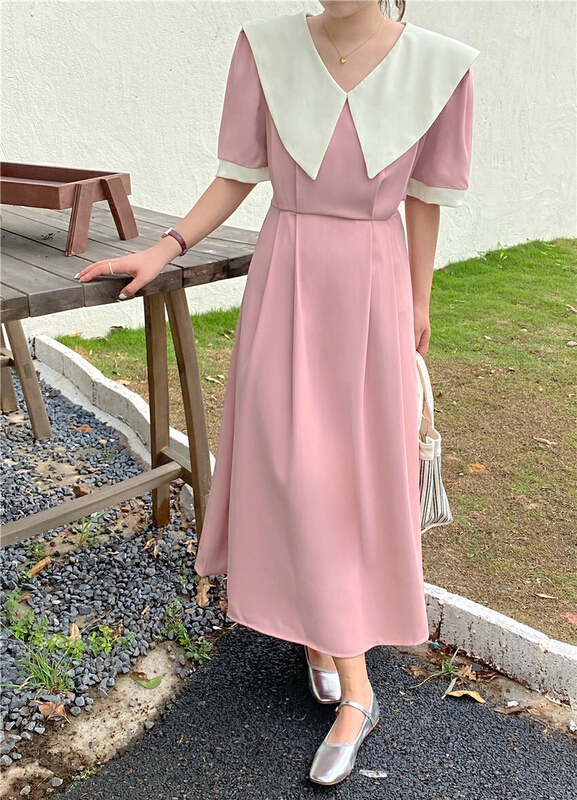 [bobi] fresh and simple color matching large lapel bandage dress 8918\hjy