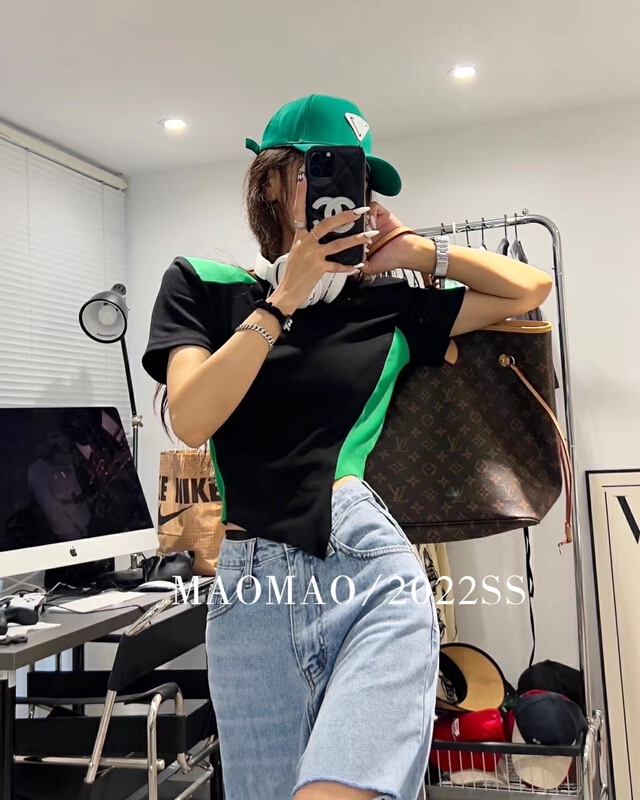 [Maomao] stretch color blocking round head Pullover short sleeve T-shirt 796\wtt