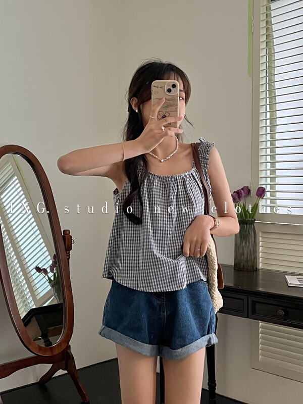 [ing] French retro elegant Plaid top strap 9087