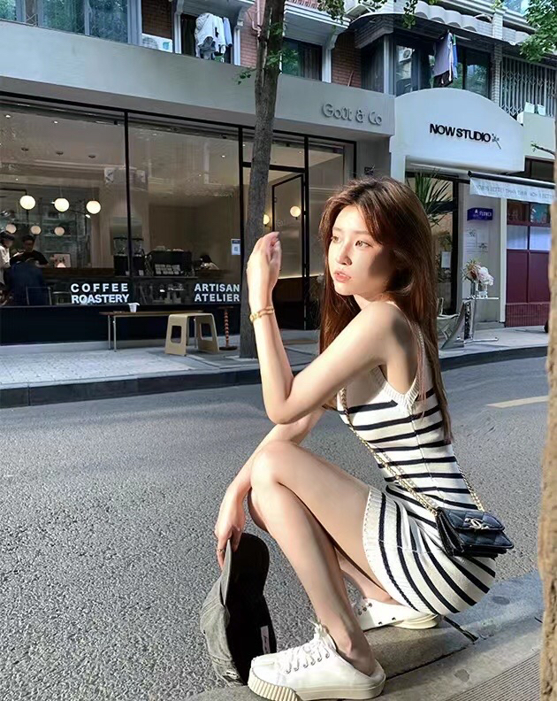 [Hello Miss] small fragrance stripe knitted vest dress 111\pcz