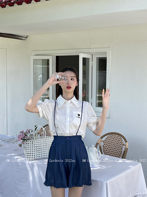 [am Gardenia] college style love embroidered shirt + comfortable suspender Pants Set 3632\pcz