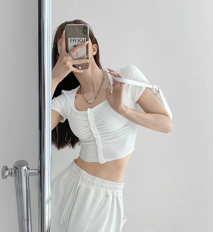 [Maomao] simple casual pleated single breasted short sleeve short sleeve T-shirt 801\wtt