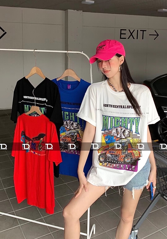 [tangdou original] heavy industry nail bead print Pullover round neck short sleeve T-shirt 9683\wtt