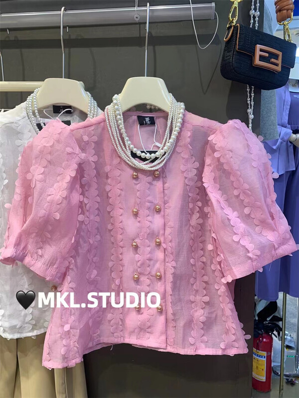 【 micala 】 French bubble sleeve double breasted heavy industry lace design blouse 1007\pcz