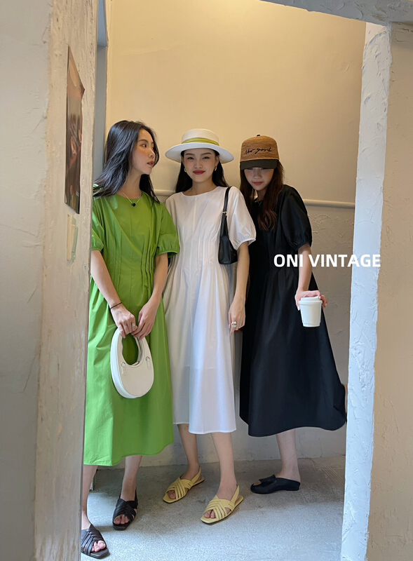 [onivinage oni] fresh and simple round neck bubble sleeve waist dress ol224o5096