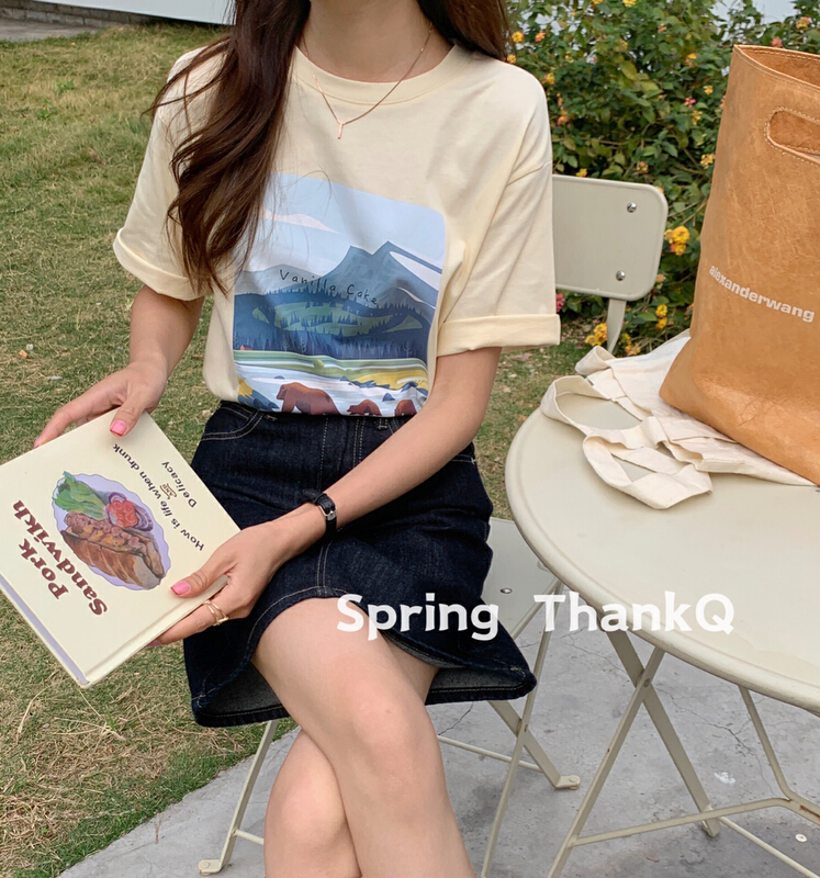 [thankq] niche ins style printed round neck short sleeve T-shirt 22039\zsy