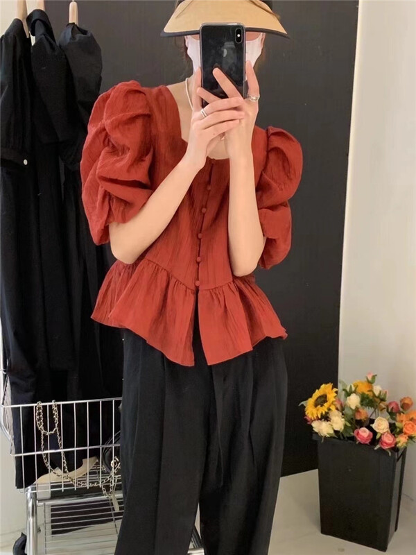[o.lucky] square neck Style Bubble Sleeve Shirt 1920\hbx