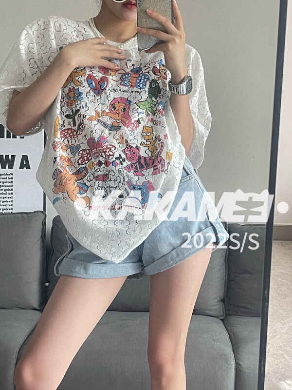 [kakamee] cartoon printed lace hollow out short sleeve T-shirt exclusive custom design cover 5036