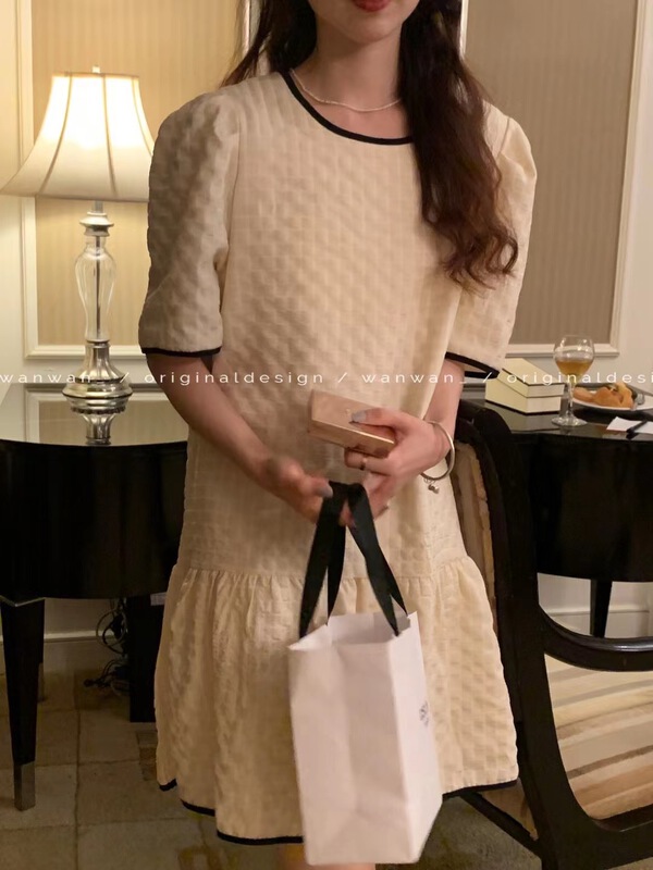 [wanwan] round neck contrast bubble sleeve dress 1769\hbx